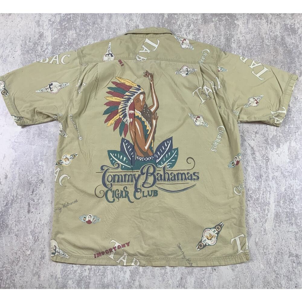 Vintage Tommy Bahama Shirt Mens Large Brown Cigar Club Casual All Over Print